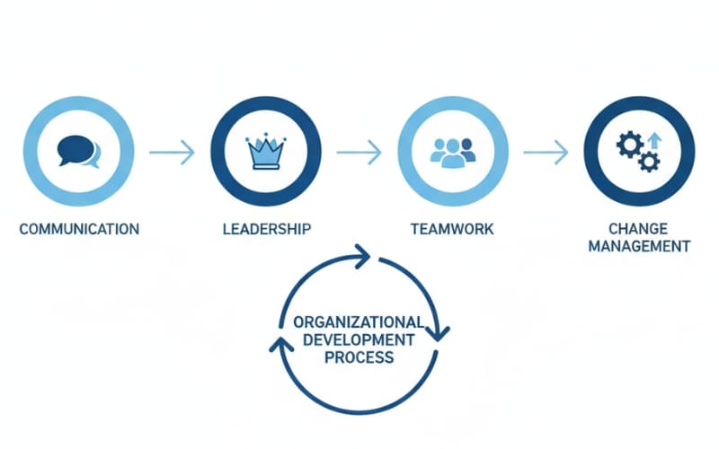 Organizational development process showing communication, leadership, teamwork, and change management