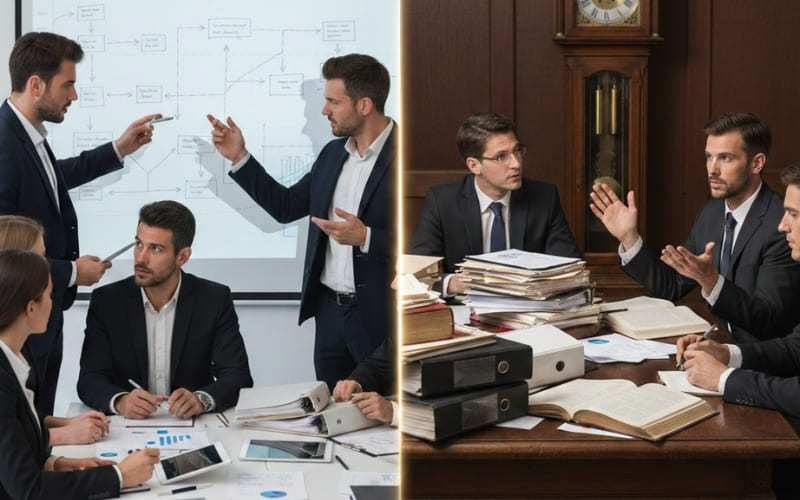 Side-by-side comparison of process-driven consulting and traditional consulting approaches in business management