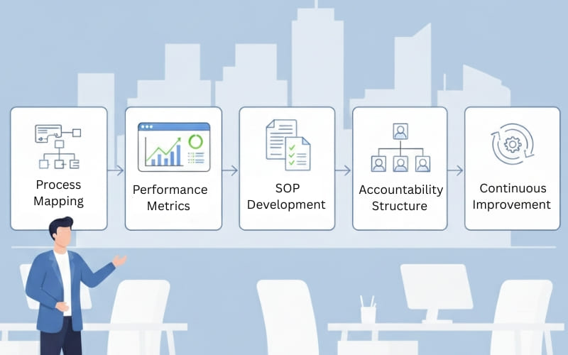 Illustration explaining process-driven management consulting for improving business efficiency and workflows