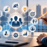 HR analytics illustration with workforce metrics surrounding a team icon and an upward growth chart