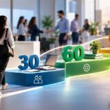 Employee onboarding process illustrated by a new hire walking past 30, 60, and 90 day milestones toward her team