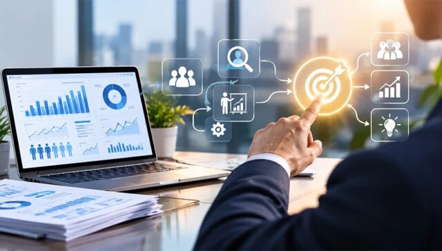 HR analytics dashboard on a laptop beside a business leader pointing at a performance target